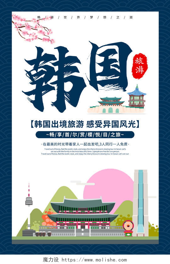 深蓝古典韩国旅游出国旅游宣传海报韩国海报